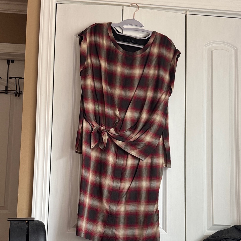 All Saints Red and Cream Plaid Midi Dress